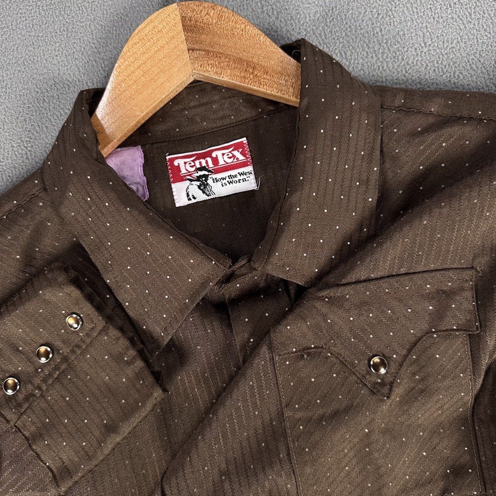Tem Tex Pearl Snap Shirt Mens 18 Brown Vintage Western Cowboy Polka Dot 70s 80s